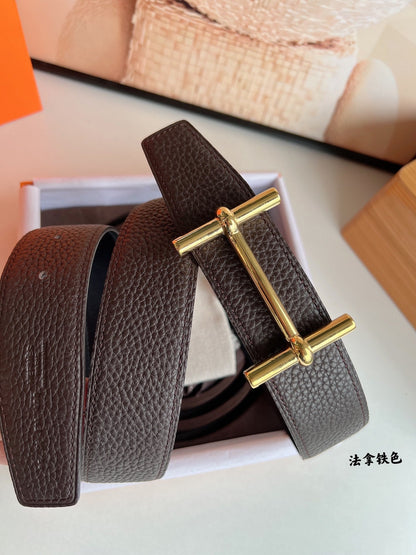 HERMES H D'ANCRE BELT BUCKLE & REVERSIBLE CHOCOLATE BROWN LEATHER STRAP 38 MM GOLD HARDWARE