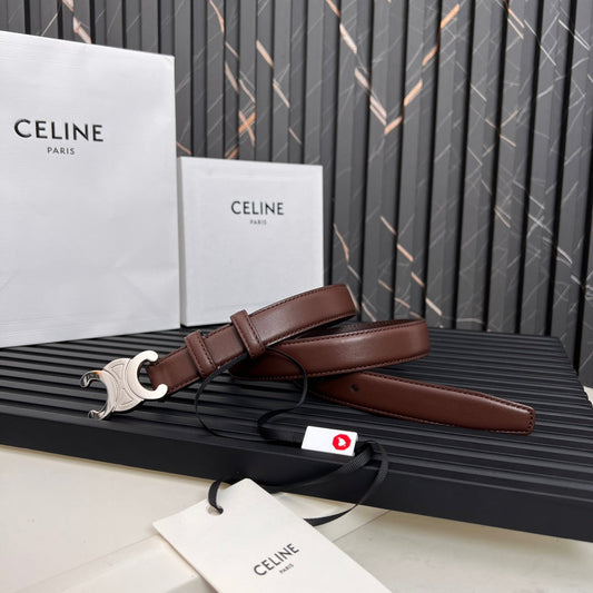 CELINE TRIOMPHE 25 MM BELT IN DARK BROWN CALFSKIN SILVER HARDWARE