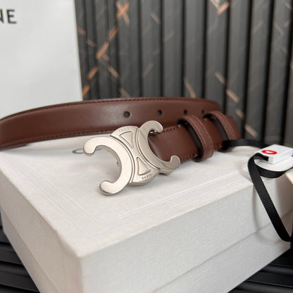 CELINE TRIOMPHE 25 MM BELT IN DARK BROWN CALFSKIN SILVER HARDWARE