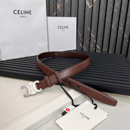 CELINE TRIOMPHE 25 MM BELT IN DARK BROWN CALFSKIN SILVER HARDWARE