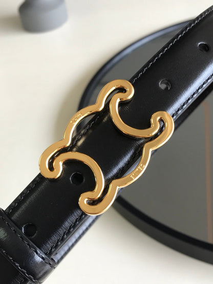 CELINE 25S BELT TRIOMPHE 25MM IN BLACK GLOSSY CALFSKIN 559675