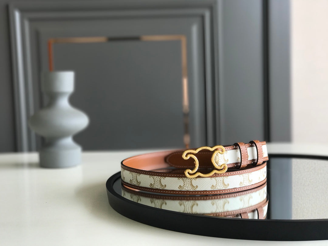 CELINE 25S BELT TRIOMPHE 25MM IN WHITE CALFSKIN AND CANVAS 559677