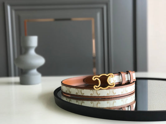 CELINE 25S BELT TRIOMPHE 25MM IN WHITE CALFSKIN AND CANVAS 559677