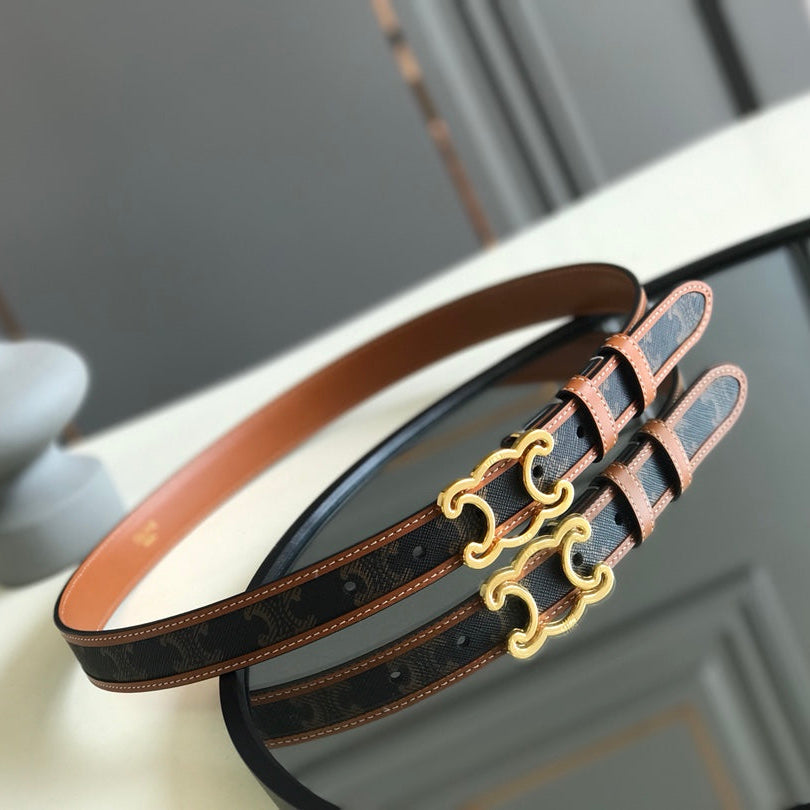 CELINE 25S BELT TRIOMPHE 25MM IN BROWN CALFSKIN AND CANVAS 559678