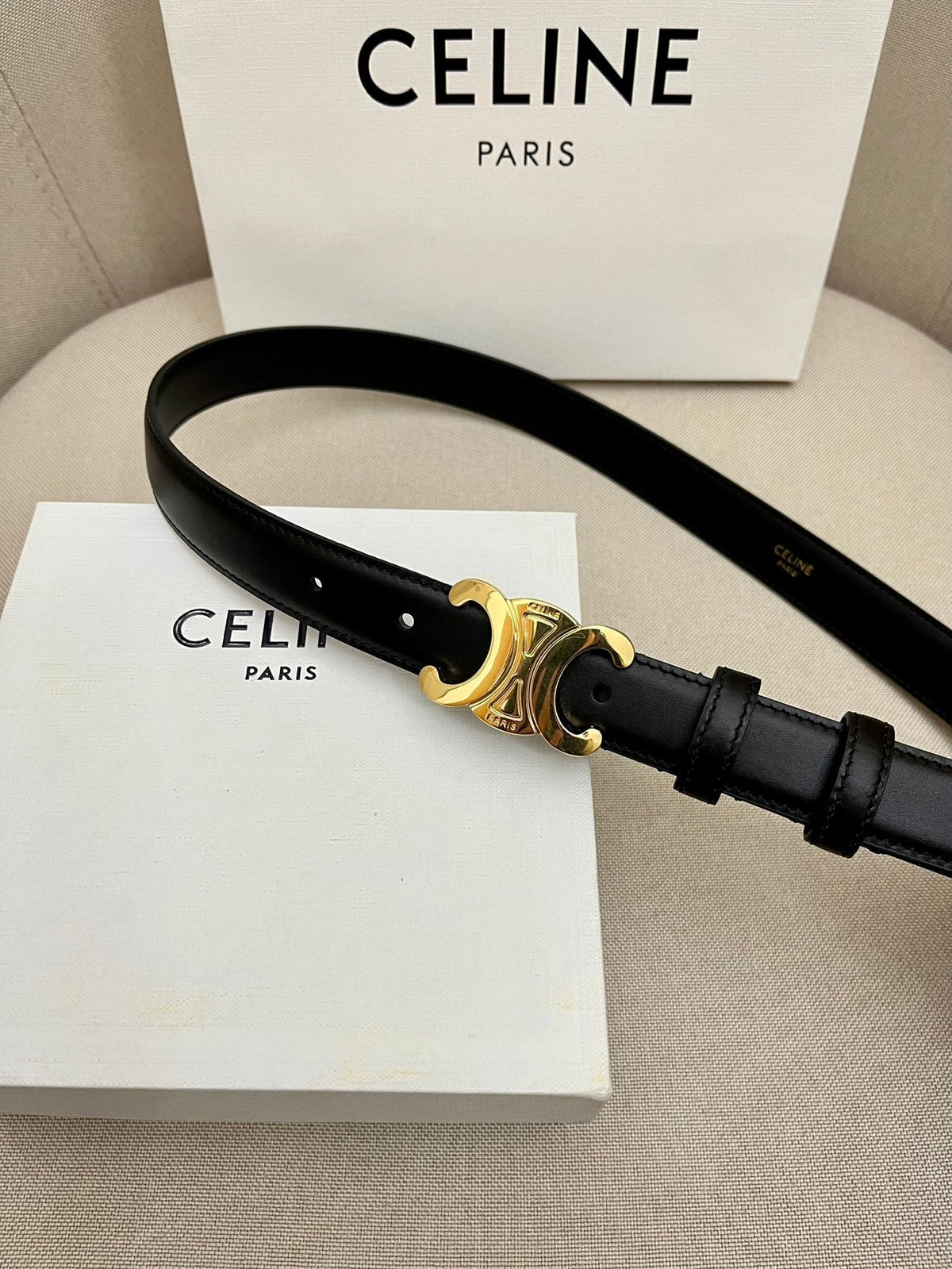 CELINE 25S TRIOMPHE 25MM BELT IN BLACK CALFSKIN GLOD HARDWARE