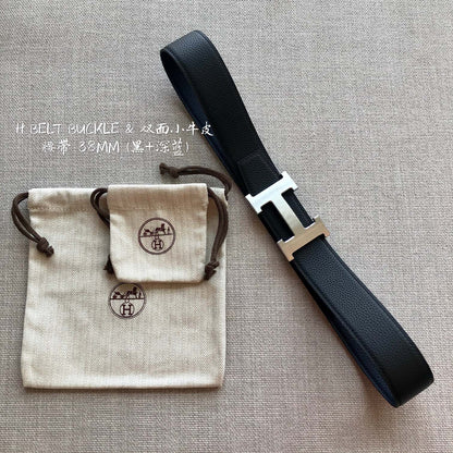 HERMES BELT BUCKLE & REVERSIBLE BLACK LEATHER STRAP 38MM SILVER HARDWARE
