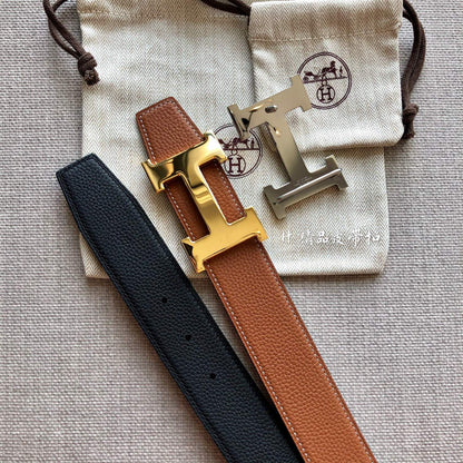 HERMES BELT BUCKLE & REVERSIBLE BLACK AND BRONZE BROWN LEATHER STRAP 38MM GOLD HARDWARE