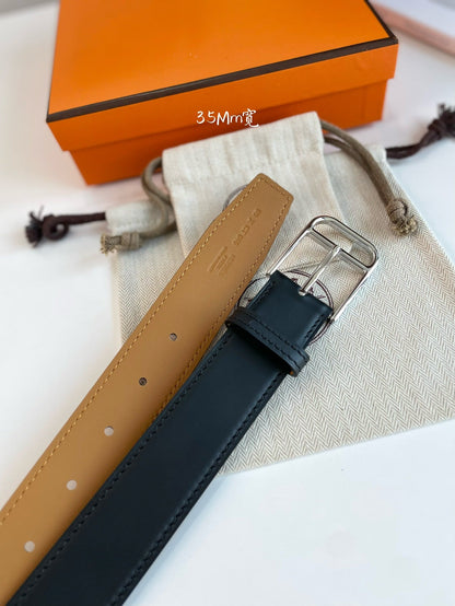 HERMES ROMAIN 35MM BELT BLACK LEATHER SILVER HARDWARE