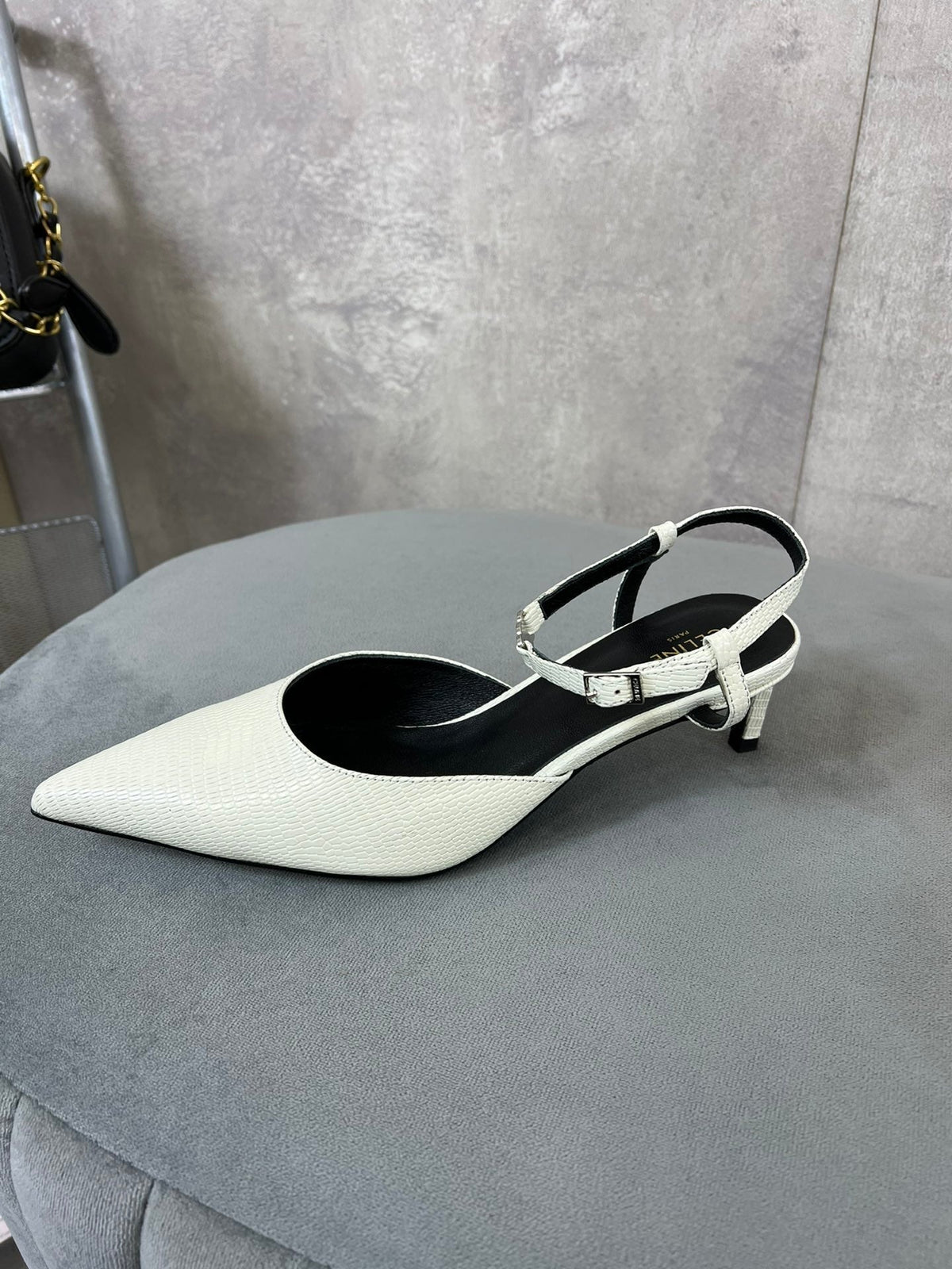 cl kitten with strap 45 white lizard stamped calfskin