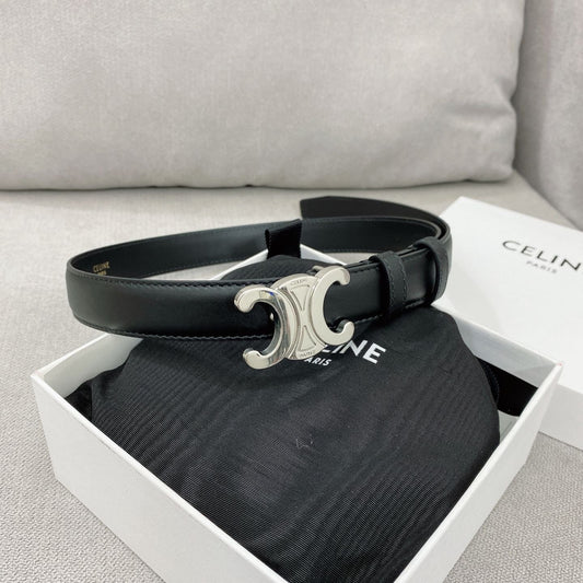 CELINE 25S TRIOMPHE BELT 25MM IN BLACK CALFSKIN SILVER HARDWARE 580680