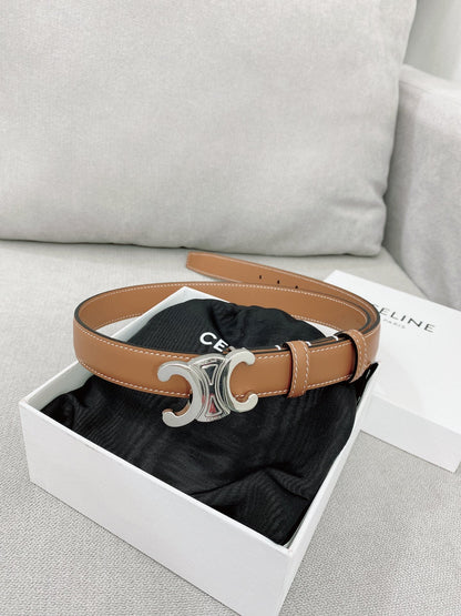 CELINE 25S TRIOMPHE BELT 25MM IN BROWN CALFSKIN SILVER HARDWARE 580678