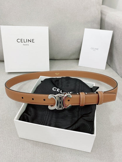 CELINE 25S TRIOMPHE BELT 25MM IN BROWN CALFSKIN SILVER HARDWARE 580678