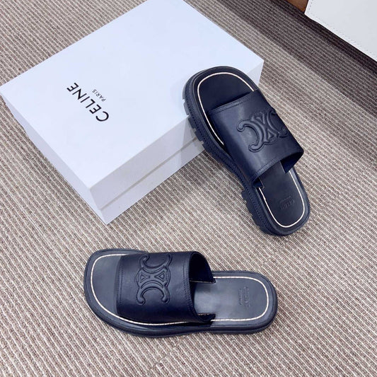 LEA TRIOMPHE PLATFORM SLIDES WOMEN VEGETABLE TANNED CALFSKIN BLACK