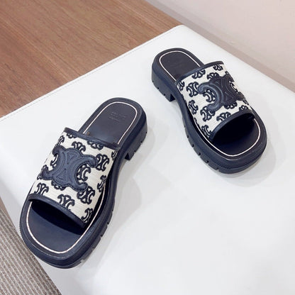 LEA TRIOMPHE PLATFORM SLIDES WOMEN VEGETABLE TANNED CALFSKIN BLACK/WHITE