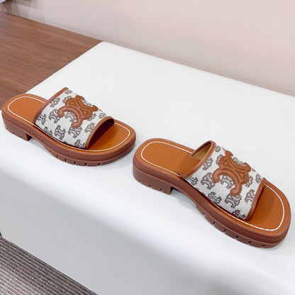 LEA TRIOMPHE PLATFORM SLIDES WOMEN VEGETABLE TANNED CALFSKIN BROWN/WHITE