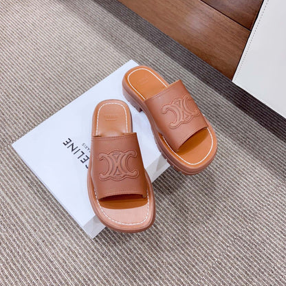 LEA TRIOMPHE PLATFORM SLIDES WOMEN VEGETABLE TANNED CALFSKIN BROWN