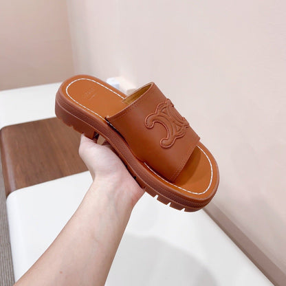 LEA TRIOMPHE PLATFORM SLIDES WOMEN VEGETABLE TANNED CALFSKIN BROWN