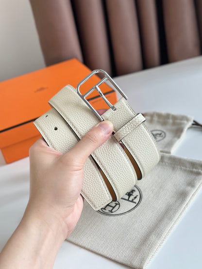 HERMES ROMAIN 35MM BELT WHITE CREAM LEATHER SILVER HARDWARE