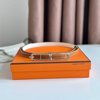 HERMES ROULIS BUCKLE & REVERSIBLE CINNAMON BROWN AND WHITE LEATHER STRAP 13MM SILVER HARDWARE