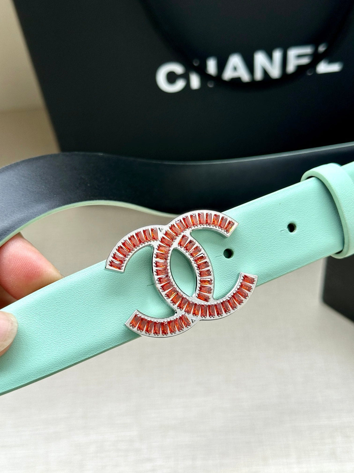 CHANEL 25S BELT 30 MM IN MINT GREEN CALFSKIN 616962
