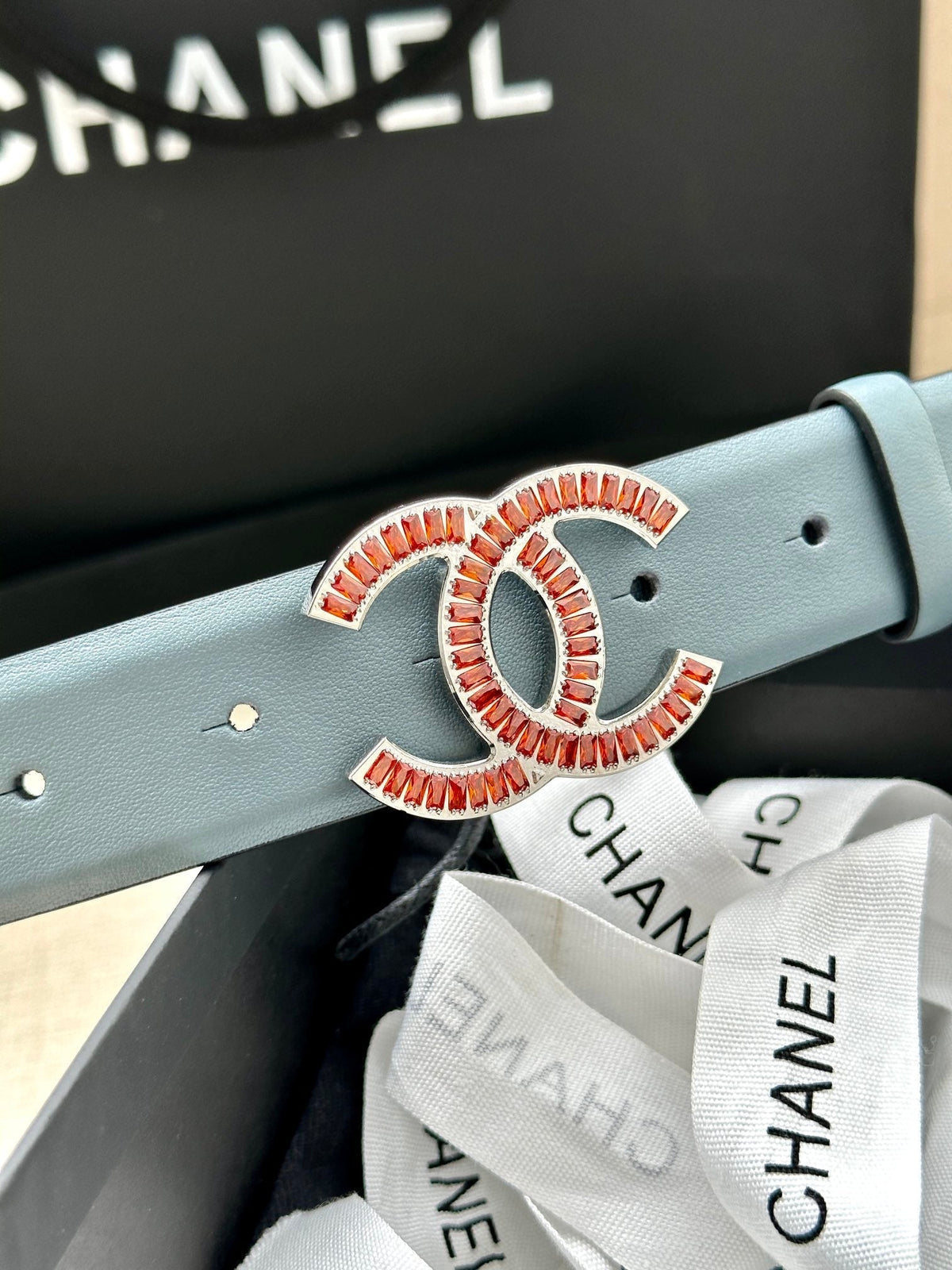 CHANEL 25S BELT 30 MM IN LIGHT STEEL BLUE CALFSKIN 616966