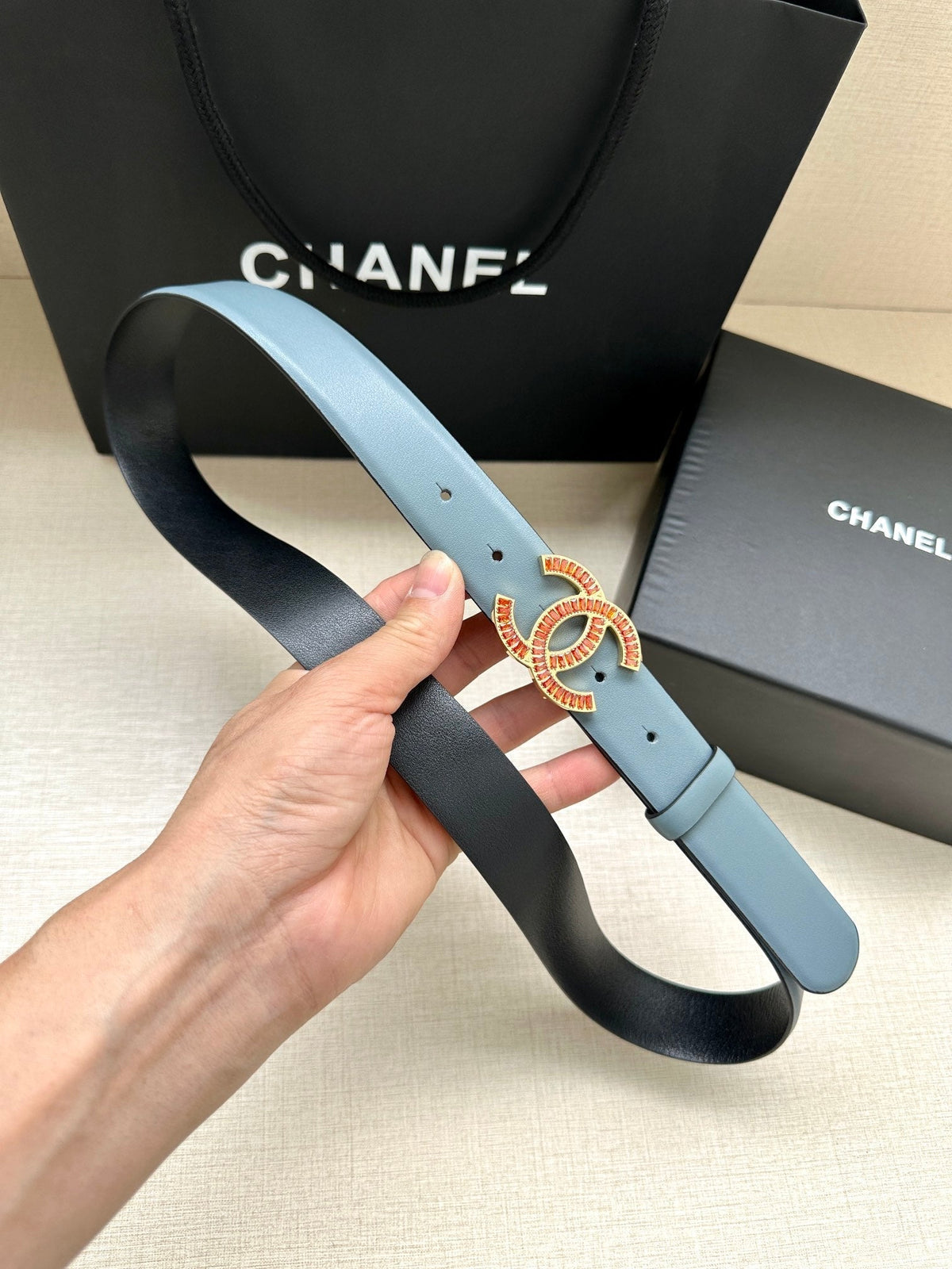 CHANEL 25S BELT 30 MM IN LIGHT STEEL BLUE CALFSKIN 616966
