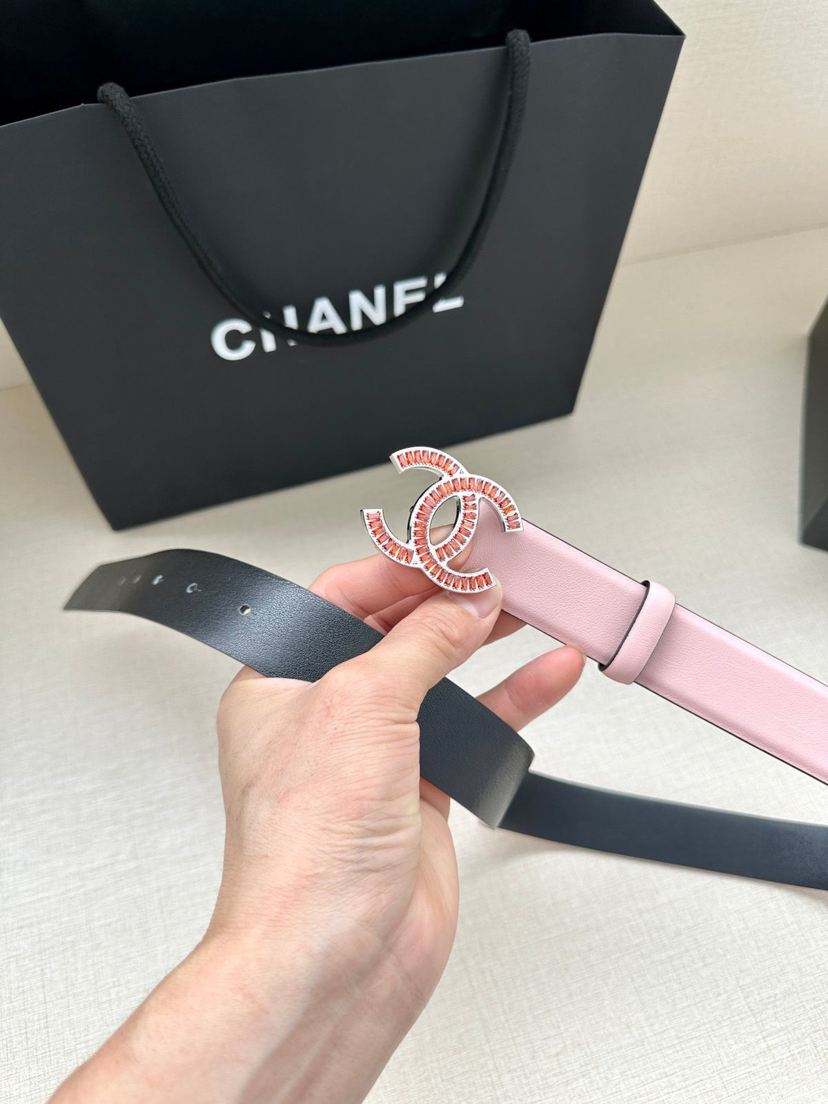 CHANEL 25S BELT 30 MM IN LIGHT PINK CALFSKIN 616971