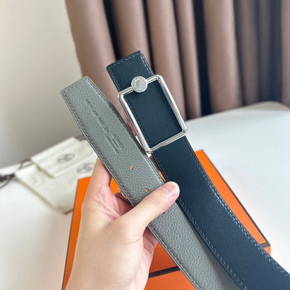 HERMES OSCAR BELT BUCKLE & REVERSIBLE BLACK AND ASH GREY LEATHER STRAP 38MM SILVER HARDWARE
