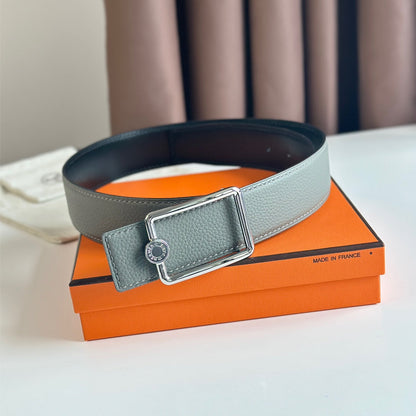 HERMES OSCAR BELT BUCKLE & REVERSIBLE BLACK AND ASH GREY LEATHER STRAP 38MM SILVER HARDWARE