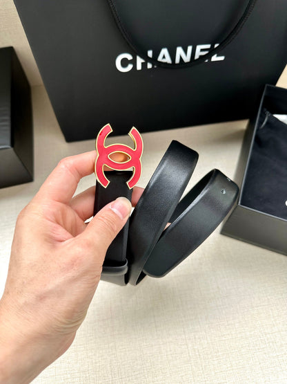 CHANEL 30MM BELT IN BLACK SMOOTH CALFSKIN WITH RED METAL LOGO
