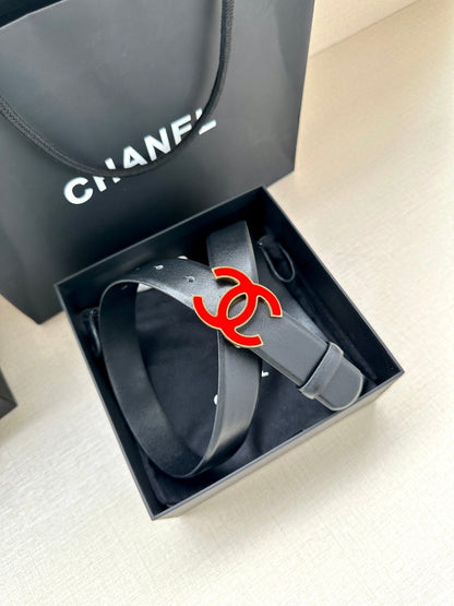 CHANEL 30MM BELT IN BLACK SMOOTH CALFSKIN WITH RED METAL LOGO