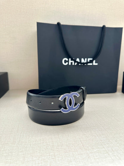 CHANEL 30MM BELT IN BLACK SMOOTH CALFSKIN WITH NAVY BLUE METAL LOGO