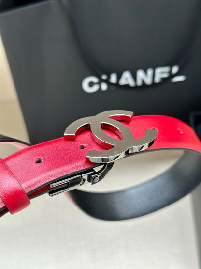 CHANEL 30MM BELT IN CHERRY RED AND BLACK CALFSKIN WITH SILVER HARDWARE