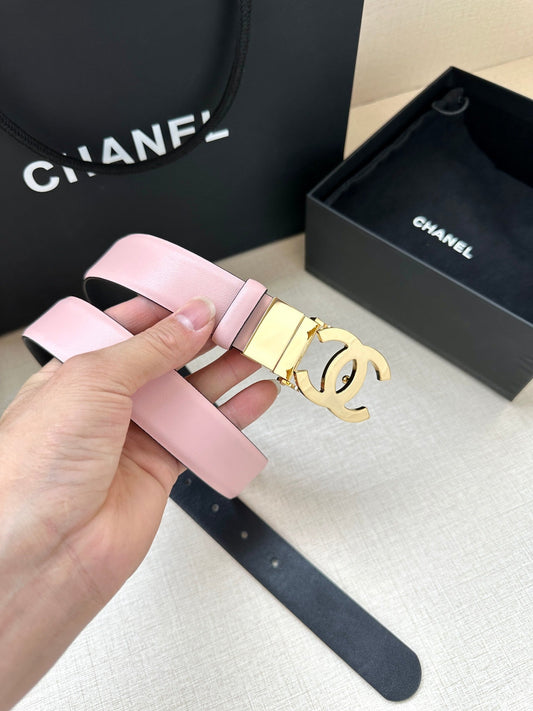 CHANEL 30MM BELT IN LIGHT PINK AND BLACK CALFSKIN WITH GOLD HARDWARE