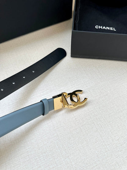 CHANEL 30MM BELT IN STONE BLUE AND BLACK CALFSKIN WITH GOLD HARDWARE
