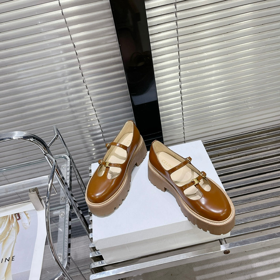 HIGH FLAT SANDALS WITH DOUBLE STRAP-DESIGN LEATHER CARAMEL BROWN