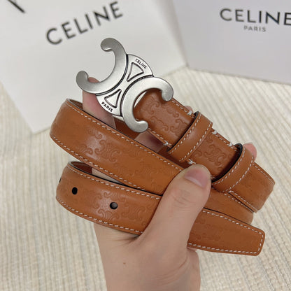 CELINE Medium Triomphe Belt 25mm Tan Calfskin White Line Finishing Silver Finishing