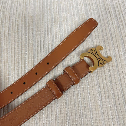 CELINE Medium Triomphe Belt 25mm Tan Calfskin White Line Finishing Gold Finishing