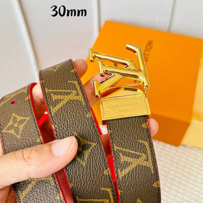 LOUIS VUITTON LV Initiales 30mm Reversible Belt Gold Rotating Buckle Red Brown Leather