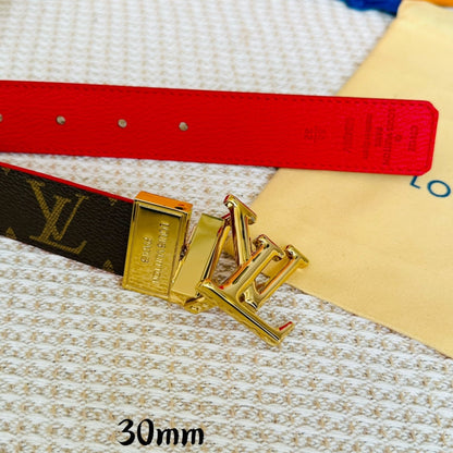 LOUIS VUITTON LV Initiales 30mm Reversible Belt Gold Rotating Buckle Red Brown Leather