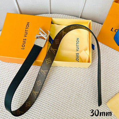 LOUIS VUITTON LV Initiales 30mm Reversible Belt Silver Rotating Buckle Black Brown Leather