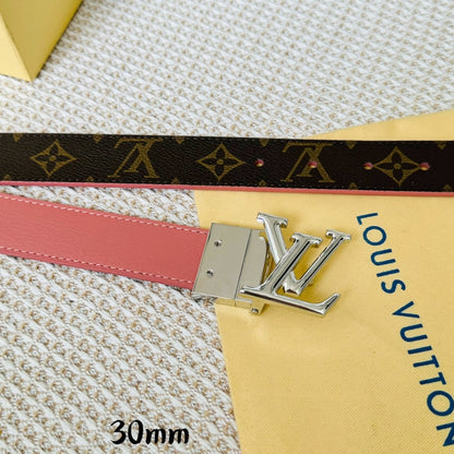 LOUIS VUITTON LV Initiales 30mm Reversible Belt Silver Rotating Buckle Pink Brown Leather