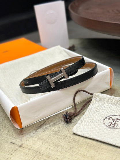 HERMES FOCUS BUCKLE & REVERSIBLE TAWNY BROWN AND BLACK LEATHER STRAP 13MM SILVER HARDWARE