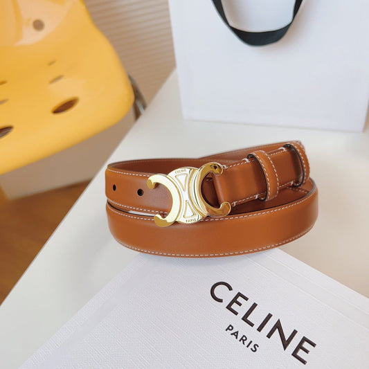 CELINE 25S TRIOMPHE BELT 25MM IN CARAMEL CALFSKIN GOLD HARDWARE 580704
