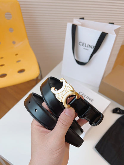 CELINE 25S TRIOMPHE BELT 25MM IN BLACK CALFSKIN GOLD HARDWARE 580705
