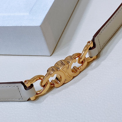 CELINE CL SMALL 18 MM GOURMETTE TRIOMPHE ADJUSTABLE BELT IN WHITE LEATHER GOLD HARDWARE