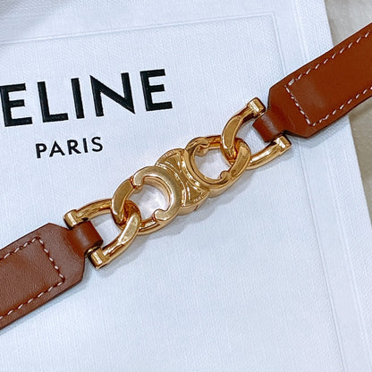 CELINE SMALL 18 MM GOURMETTE TRIOMPHE ADJUSTABLE BELT IN BRONZE BROWN LEATHER GOLD HARDWARE
