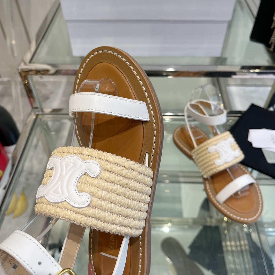 LYMPIAR FLAT STRAP SANDAL IN RAFFIA CALFSKIN WHITE BEIGE
