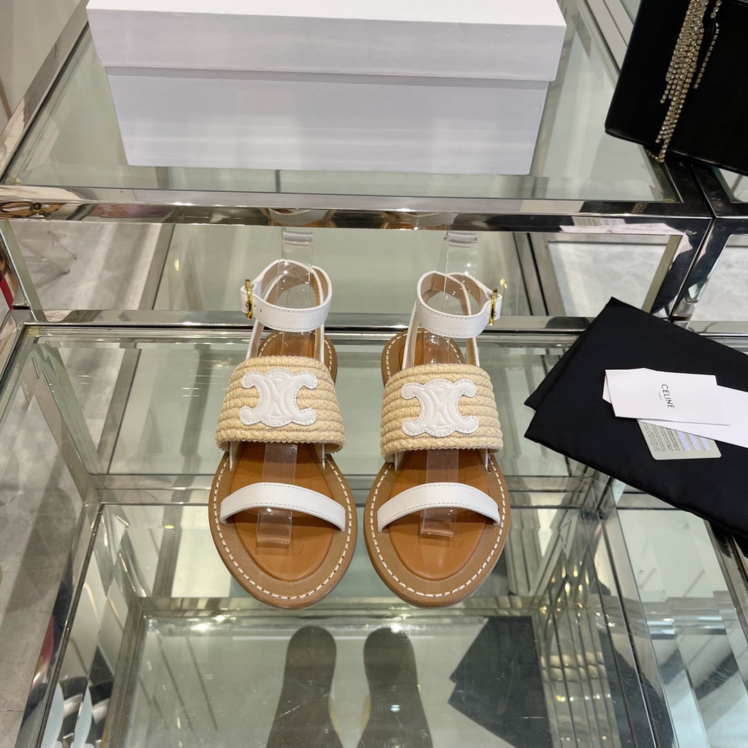 LYMPIAR FLAT STRAP SANDAL IN RAFFIA CALFSKIN WHITE BEIGE
