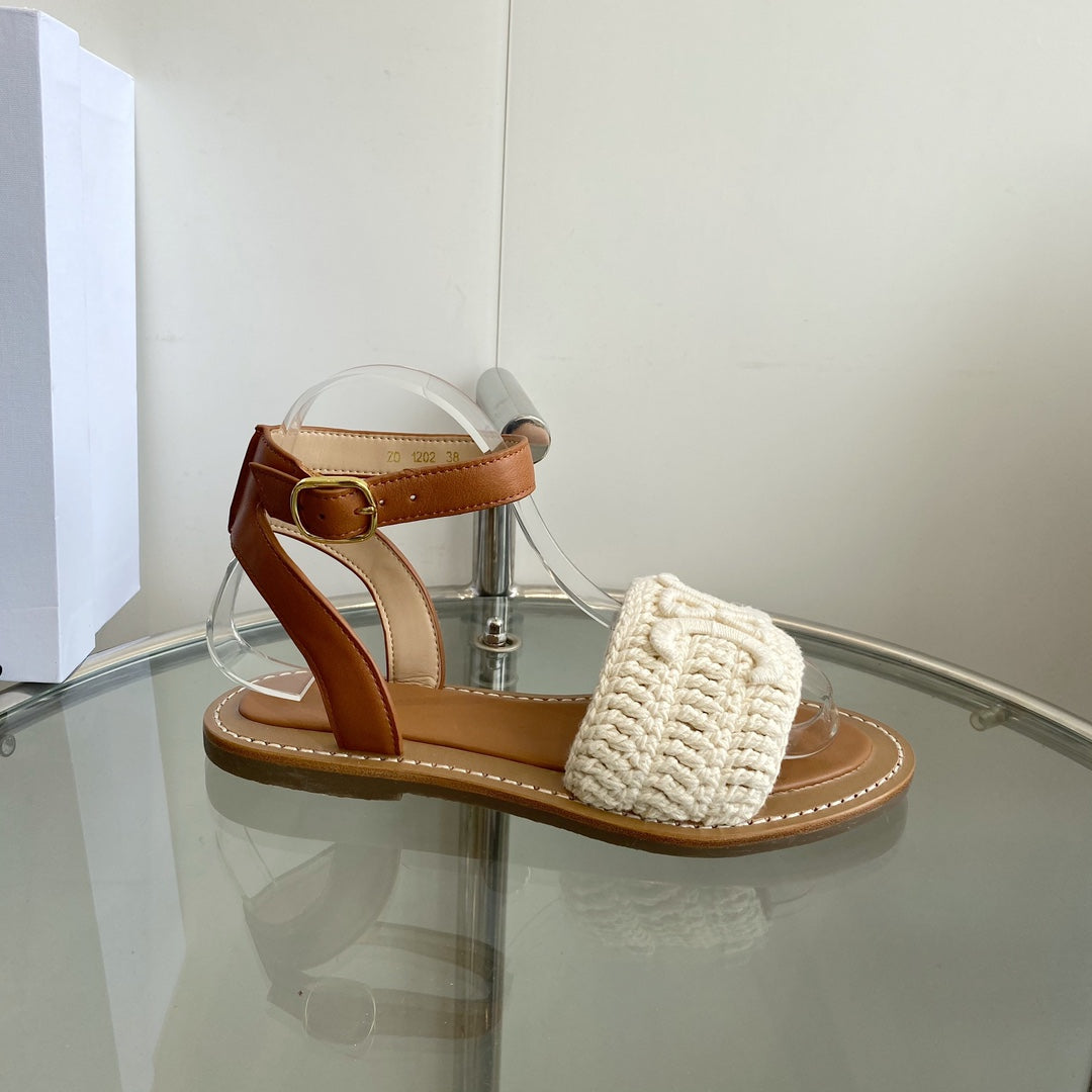 LYMPIA SANDAL IN WHITE TRIOMPHE MACCRAMÃ‰ COTTON AND TAN CALFSKIN